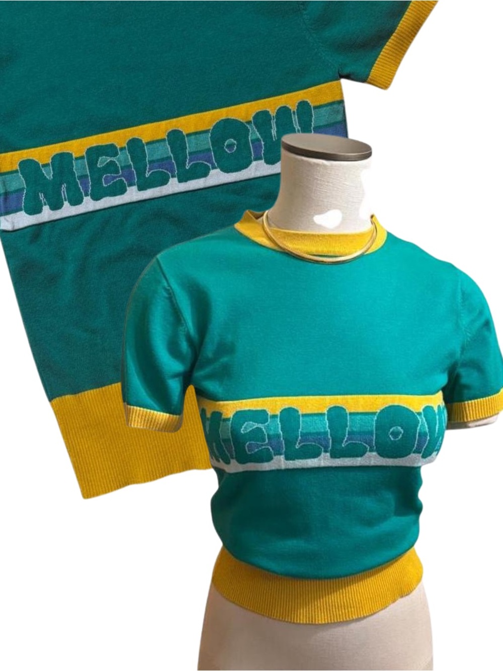70s Style Graphic Retro Green & Yellow Cropped Knit Sweater Top